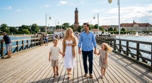 A high-quality, editorial-style photograph of a happy family walking along the iconic wooden Sopot P