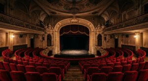 A professional, editorial-style photograph capturing the elegant interior of a historic Gdynia or Gd