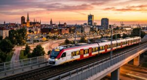 A sleek, modern SKM train gliding through a sunset cityscape of the Tricity, captured in a clean, hi