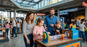 A high-quality, editorial-style photograph of a happy family exploring interactive exhibits at the G