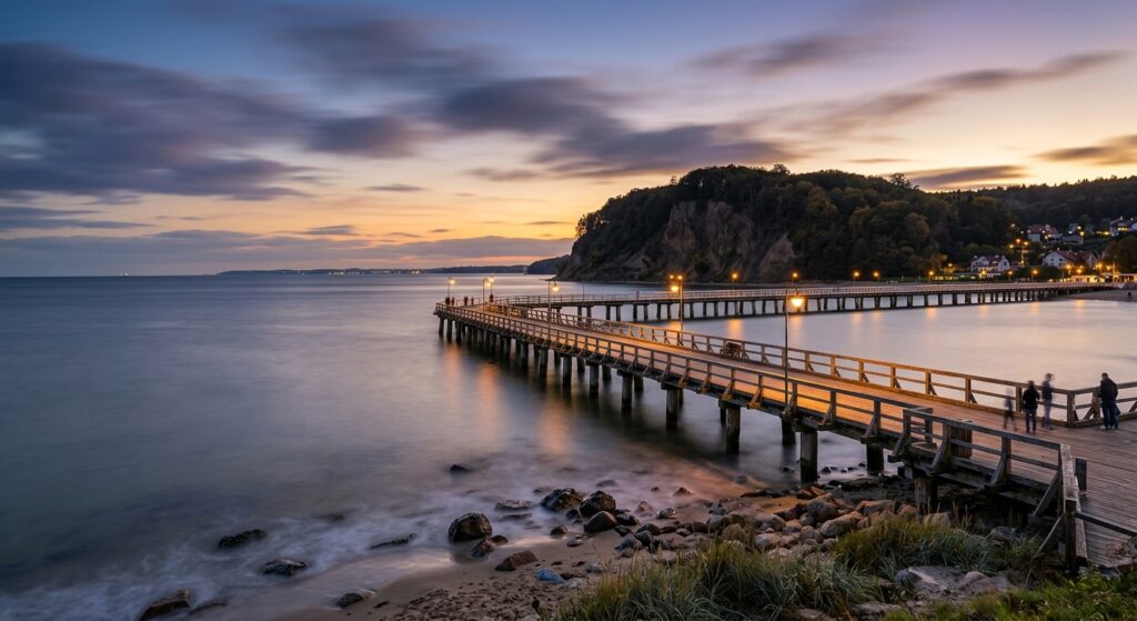 A stunning, atmospheric long-exposure shot of the Gdynia Orłowo pier at twilight with the iconic cli