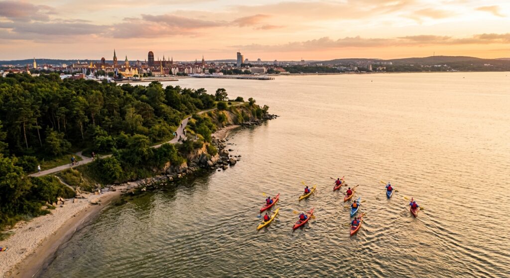 A professional, high-angle editorial shot of a group of kayakers paddling along the scenic, calm coa