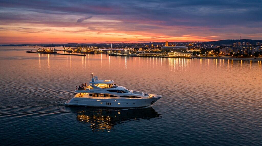 A stunning, professional wide-angle shot of a sleek yacht cruising the calm waters of the Bay of Gda
