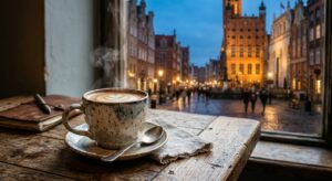 A cozy, high-end editorial shot of a steaming cup of coffee on a rustic wooden table, with the blurr