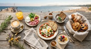 A high-quality, editorial-style flat lay of a gourmet breakfast spread featuring local cafe specialt