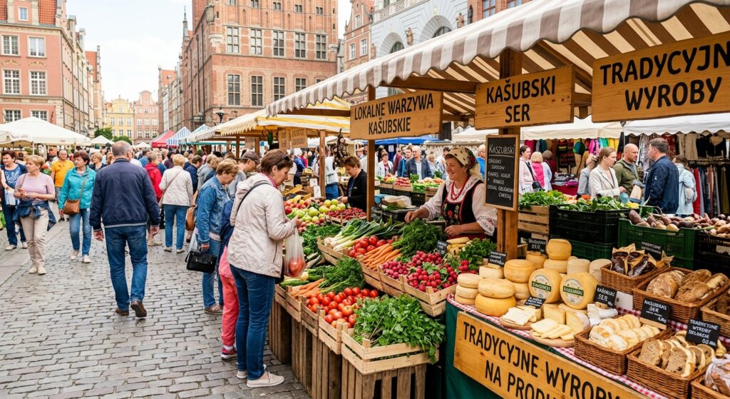 A vibrant, professional editorial photograph of a bustling traditional marketplace in Gdansk featuri