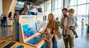 A vibrant, high-quality editorial shot of a happy young family exploring a modern, interactive museu