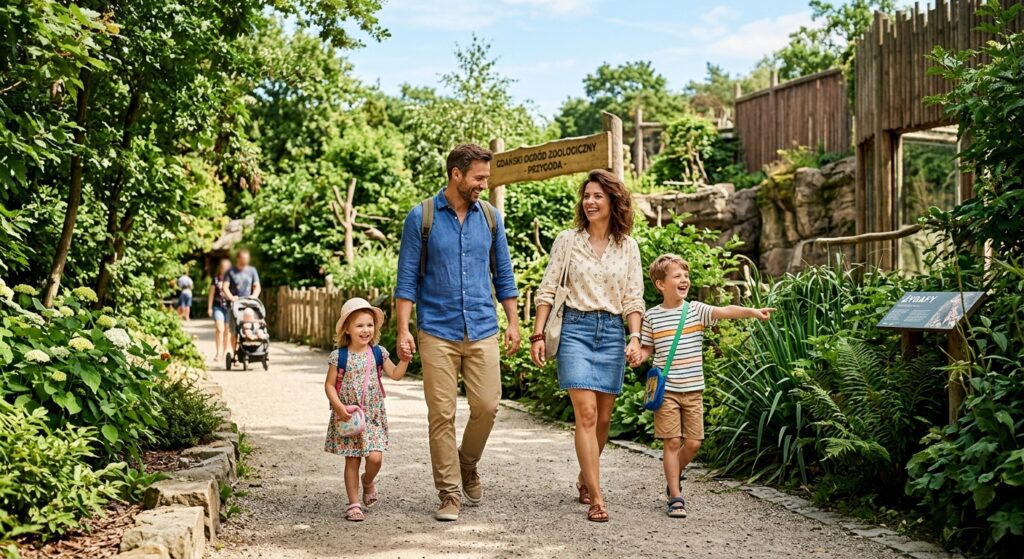 A bright, professional editorial photograph of a happy family exploring the lush, greenery-filled pa