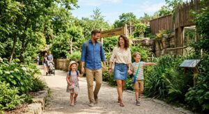 A bright, professional editorial photograph of a happy family exploring the lush, greenery-filled pa