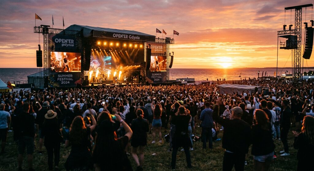 A high-quality, editorial-style photograph capturing the vibrant atmosphere of a summer music festiv