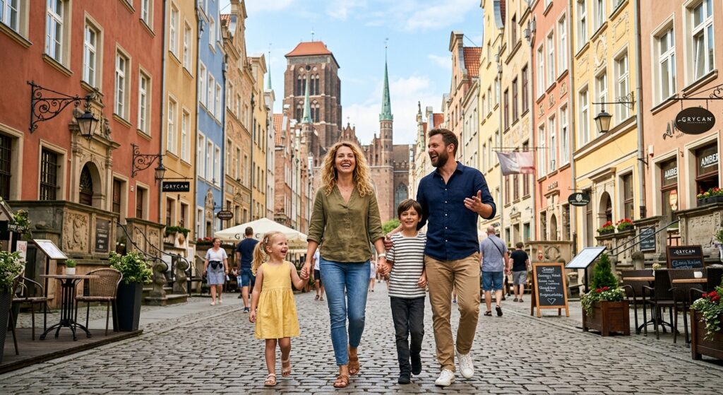 A high-quality, vibrant editorial photograph of a happy family exploring the colorful streets of Gda