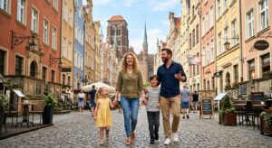 A high-quality, vibrant editorial photograph of a happy family exploring the colorful streets of Gda