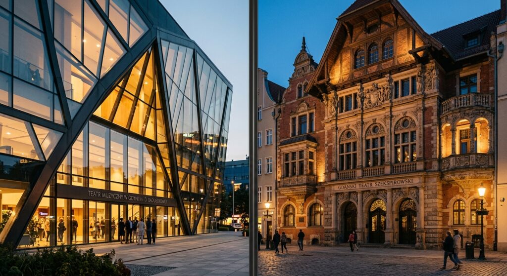 A sophisticated editorial photograph featuring a split-screen composition contrasting the modern arc