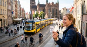 A cinematic, high-angle editorial shot of a modern tram moving through a sunny, blurred street in Gd