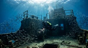 A high-quality, professional editorial photograph of a scuba diver exploring a mysterious, sun-dappl