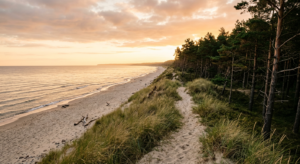 A scenic, high-quality editorial shot of a secluded, pristine Baltic beach hidden behind coastal pin
