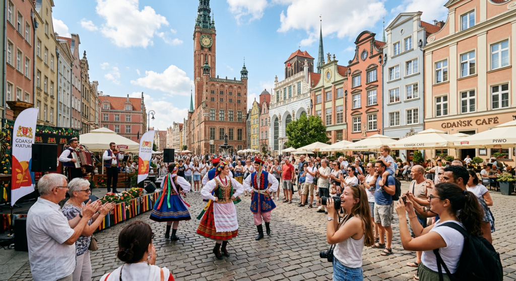 A vibrant, high-quality editorial shot of a sunny public square in Gdańsk with diverse people enjoyi