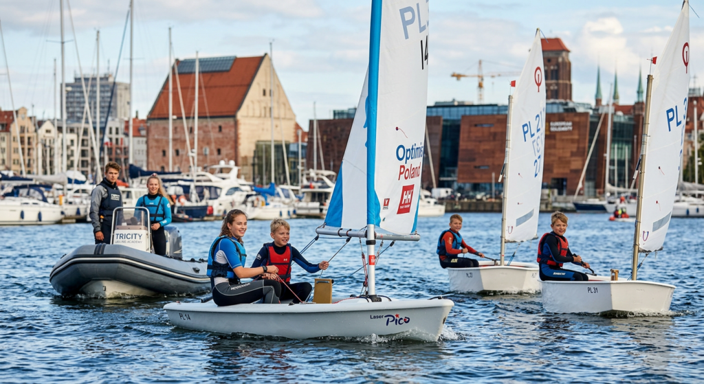 A professional editorial photograph of a group of children and teenagers learning to sail on small d