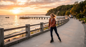 A professional editorial-style shot of a person gracefully rollerblading along the scenic, paved pro