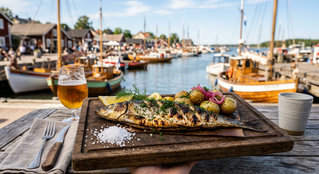 A professional editorial photograph of a freshly grilled Baltic fish served on a rustic wooden platt