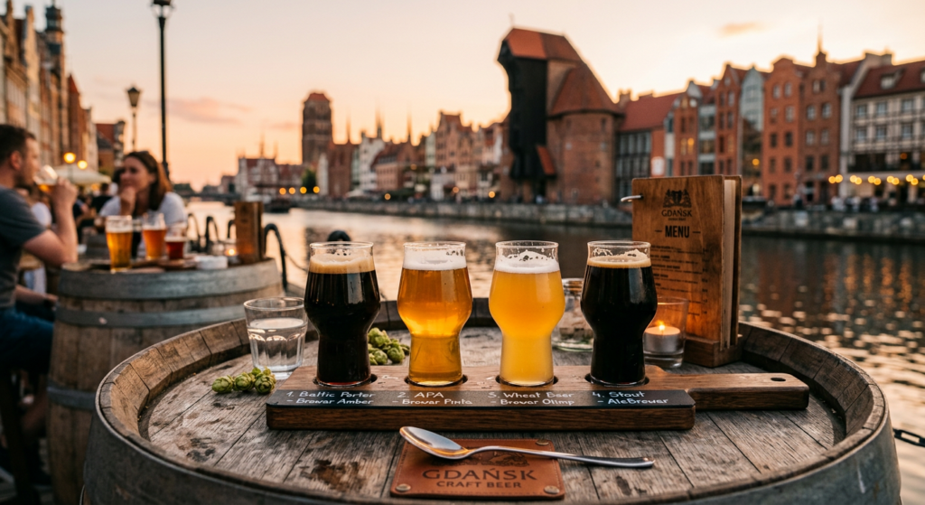 A professional, editorial-style photograph featuring a flight of diverse craft beer glasses on a rus