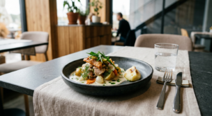 A professional, high-end editorial food photography shot of a modern, artistic interpretation of a t