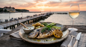 A high-end editorial food photograph of grilled fresh fish served on a rustic plate, with the iconic