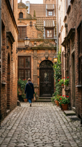 A cinematic, editorial-style photograph of a sunlit, narrow cobblestone alley in Gdańsk’s Old Town,