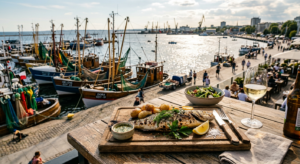 A cinematic, high-angle editorial shot of a freshly grilled fish served on a rustic wooden platter a
