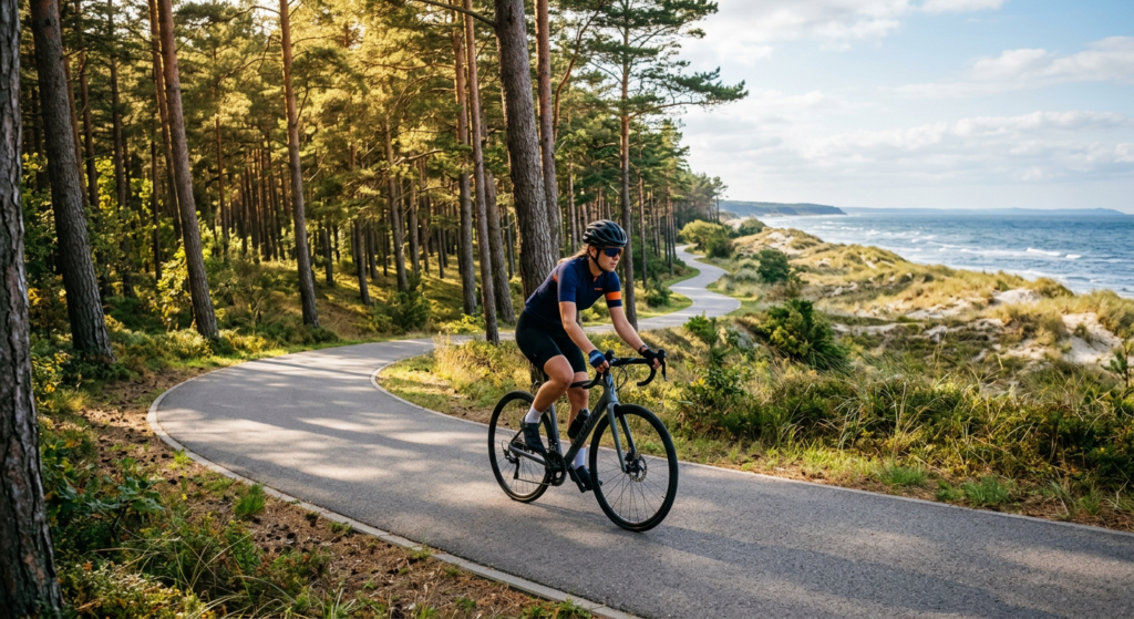 A professional editorial shot of a cyclist riding along a scenic bike path winding through a sun-dap