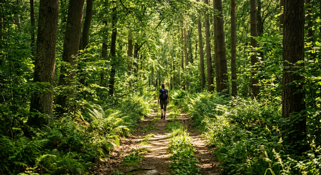 A professional, high-resolution editorial photograph of a sun-drenched, overgrown forest path within