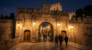 A professional editorial photograph of a historic 17th-century fortress stone gate illuminated by so