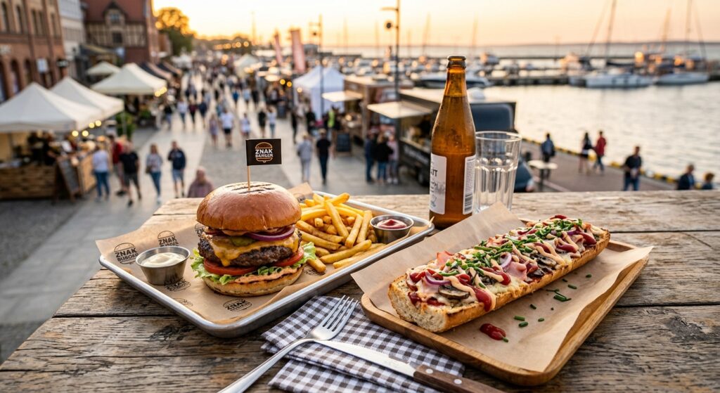 A professional, high-angle editorial shot of mouth-watering gourmet street food—a juicy artisanal bu
